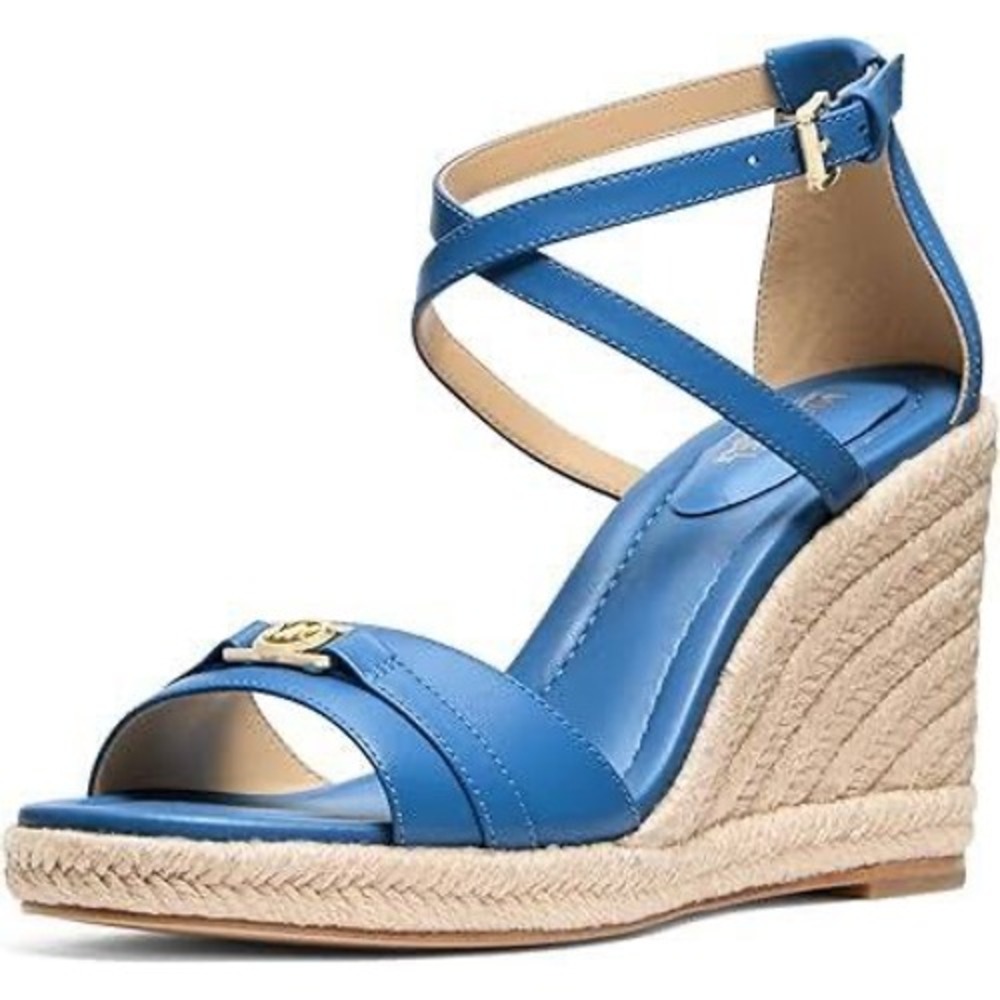 Michael Michael Kors Blue Leather Espadrille Wedge Sandals Gold MK Logo Strap 7